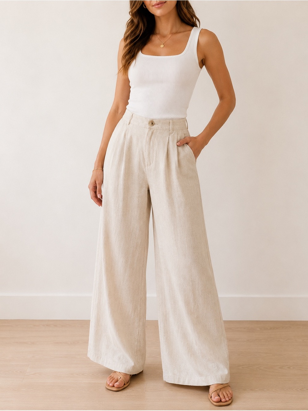 Blenca Linen Blend Wide Leg Pants Medium Cream Coastal Grandmother Resort